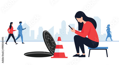 Distracted woman sits on a stool looking at her smartphone near an open manhole and a red traffic cone on a city street.