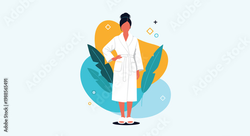 Woman in a comfortable white bathrobe and slippers stands in front of tropical leaves and abstract shapes.