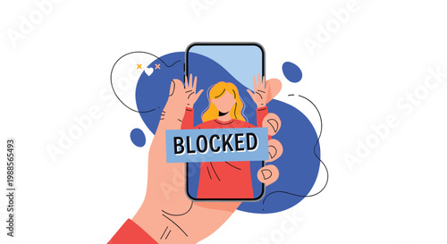 Human hand holds a smartphone displaying a profile picture of a woman with a large blue blocked sign across the screen.