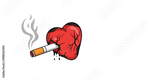 Powerful conceptual illustration showing a lit cigarette piercing through a cracked and bleeding human heart symbol.