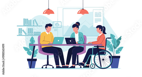 Diverse group of professional colleagues including a woman in a wheelchair work together at a modern office table.