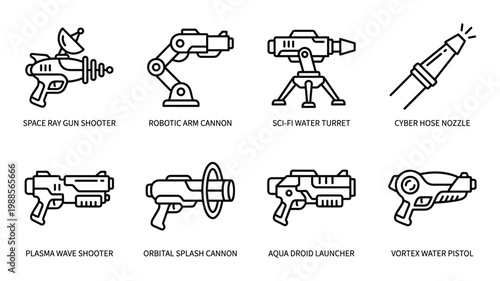 Water gun and futuristic weapon icons space ray gun robotic arm turret cyber hose plasma wave shooter.