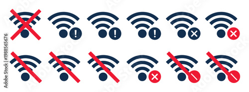 No Wi-Fi signal black and red icon set, vector illustration design collection, wireless connection blocked symbols, internet restriction and warning icons, clean modern isolated set.