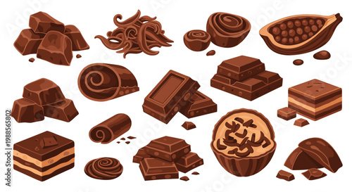 Variety of chocolate products including bars, truffles, rolls, cocoa pods, and delicious brownies for confectionery and dessert lovers.