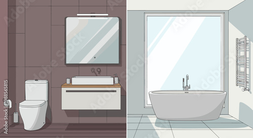 Collage of two modern bathroom interior designs featuring a wall hung toilet, vanity sink, mirror, and a sleek freestanding bathtub.