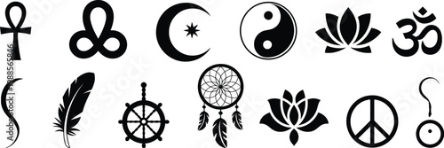 Collection of black spiritual and religious symbols including om yin yang lotus flower dreamcatcher and peace sign on white background.
