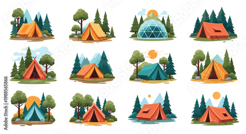 Set of various camping tents located in a lush green forest with majestic mountains and a bright sun in the scenic background.