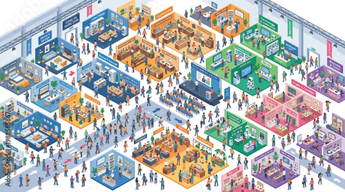 Isometric illustration of a bustling Paris trade fair with various exhibition booths and attendees in a large event space with colorful displays.