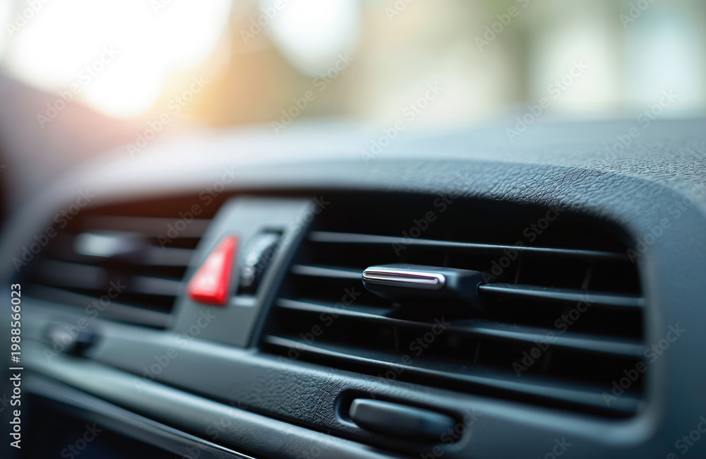 Obraz premium Car interior dashboard with visible air vent and red hazard light button. Focus on front passenger side, soft bokeh background shows sunny day.