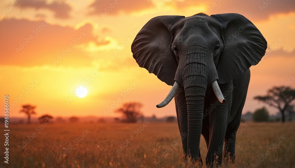 Fototapeta premium Massive elephant walks in savanna field at sundown. Orange sky with clouds. Lone wild animal with large tusks and trunk. African landscape at dusk.