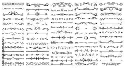 Large collection of hand-drawn decorative dividers and borders in black line art style for page layout and stationary design projects.