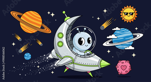 Cute alien in a spaceship exploring the galaxy with planets and stars in the background