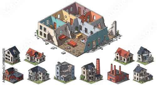 Detailed isometric illustrations of various ruined and destroyed buildings, houses, and industrial factories after a major disaster.