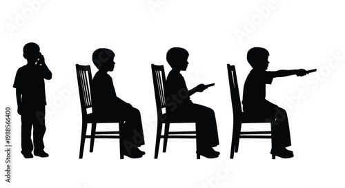 Silhouette of young boys engaging in different activities while sitting on wooden chairs against white background