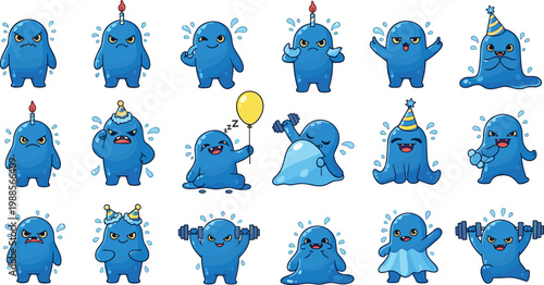 Cute Blue Jelly Character Collection with Funny Emotions Party Fitness and Daily Activities Cartoon Mascot Vector Illustration Set