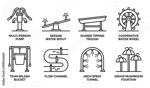 Water play features multi person pump seesaw trough cooperative wheel team splash bucket.