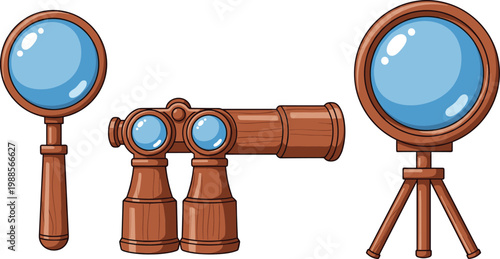 Vintage Optical Instruments Collection with Magnifying Glass Binoculars and Telescope Wooden Antique Style Exploration Tools Vector Illustration Set