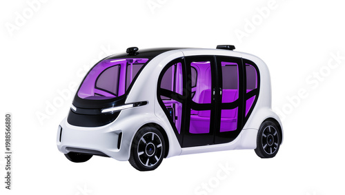 Canvastavla Futuristic white autonomous pod car with purple interior, isolated on transparen