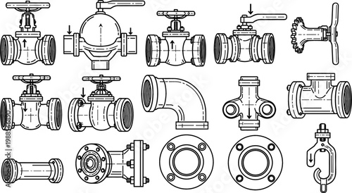 Industrial Pipe Valve and Fitting Set with Gate Valve, Elbow, Tee, Flange, and Connector in Black and White Line Art