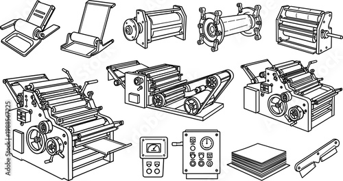 Industrial Printing Press and Roller Machine Set with Control Panel and Paper Stack in Black and White Line Art
