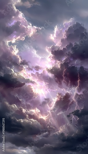Dramatic Skyscape with Lightning and Sunbeams: A Celestial Spectacle