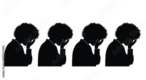 Four black silhouettes of a person with curly hair covering their face in deep emotional distress