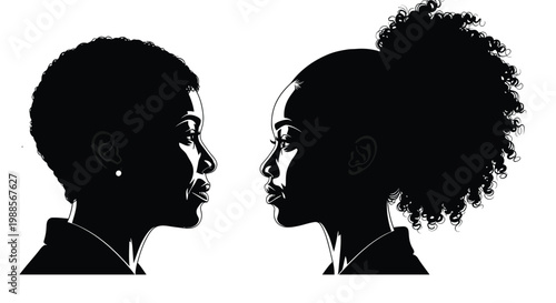 Two silhouettes of young african american women facing each other in a profile view artistic illustration