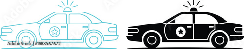 Police patrol car with siren light icon set, outline and solid styles, emergency vehicle symbol collection, isolated on transparent background, clean modern vector illustration.