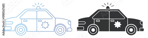 Police car icon collection, patrol vehicle with siren light in outline and solid vector styles, emergency response and law enforcement symbol set, simple modern isolated design.