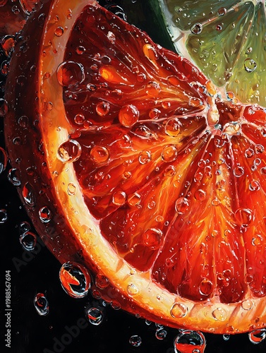A close-up view of a juicy blood orange and lime slice with water droplets, showing texture and detail. The citrus is glistening with moisture and inviting.