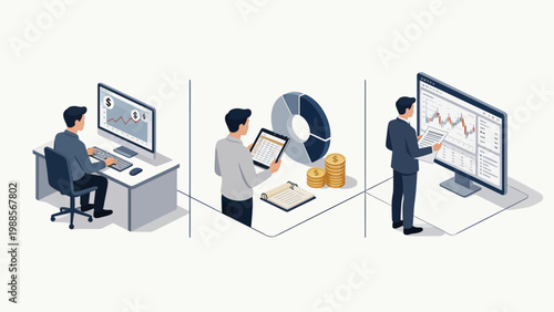 Three business professionals analyzing data