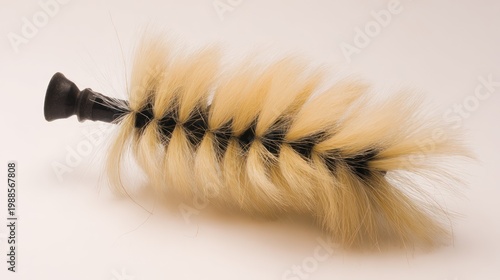 Close up of a cleaning brush with soft bristles and a dark handle