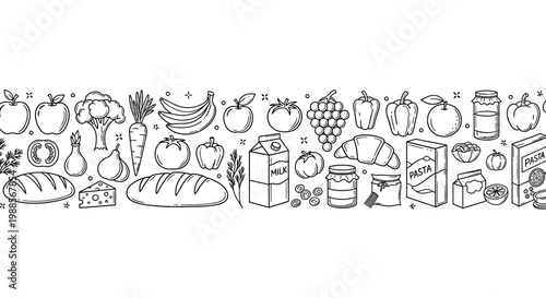 A variety of food and drink items.