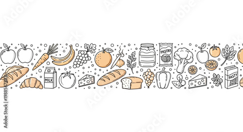 A variety of food and drink items.