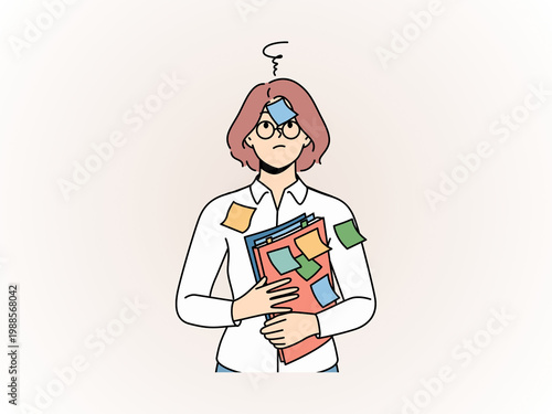 Stressed Businesswoman Overwhelmed with Paperwork and Sticky Notes