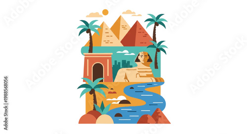 Egyptian landscape illustration with pyramids sphinx and palms