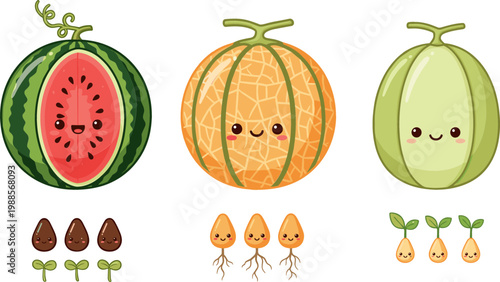Bild auf Leinwand Kawaii Fruit Icon Set Featuring Watermelon, Cantaloupe, and Melon with Cute Seed