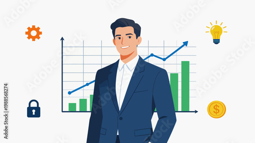 Businessman with financial icons