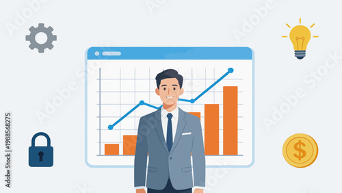 Businessman with growth chart and icons