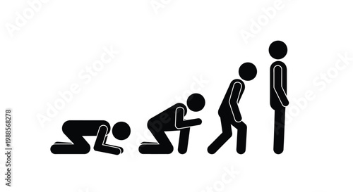 Stick figures depicting the human development process from crawling on the ground to standing upright tall