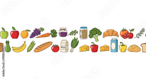 Colorful illustrations of various food items.