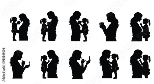 Black silhouettes of a mother and daughter spending quality time together during their daily activities