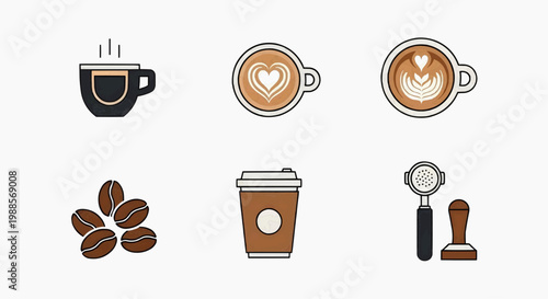 Coffee shop vector icon set with bean grinder and french press graphics