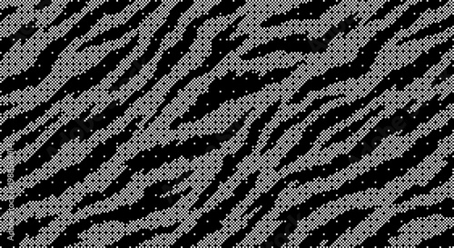 Seamless black and white tiger stripe pattern with halftone effect, dither