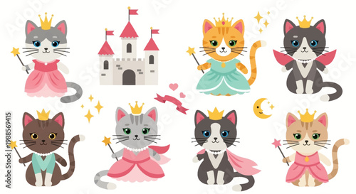 Adorable cartoon cats in princess costumes with crowns and wands.