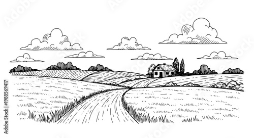 Vintage Illustration of Couple Riding Horses Through Meadow