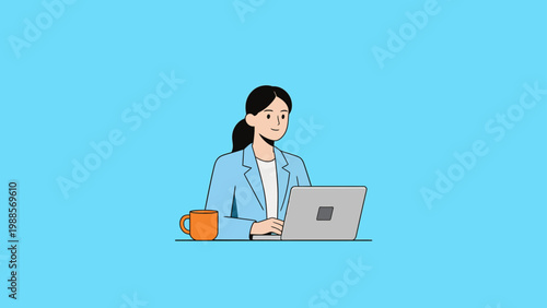 Woman working on laptop with coffee