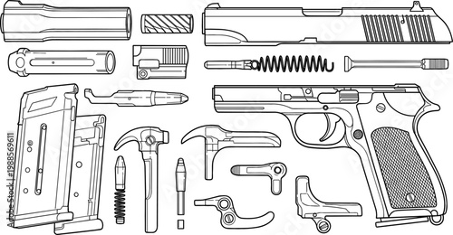 Pistol Disassembly Parts Icon Set with Slide, Barrel, Magazine, Spring, Trigger, Hammer, and Frame for Firearms, Military, and Gun Maintenance Designs