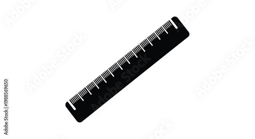 A black ruler is diagonally positioned on a plain white background showing measurement markings high quality