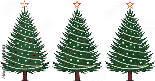 Three festive green christmas trees with red trunks and gold stars
